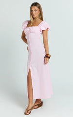 Welmina Midi Dress - Short Sleeve Placket Front Dress in Pale Pink