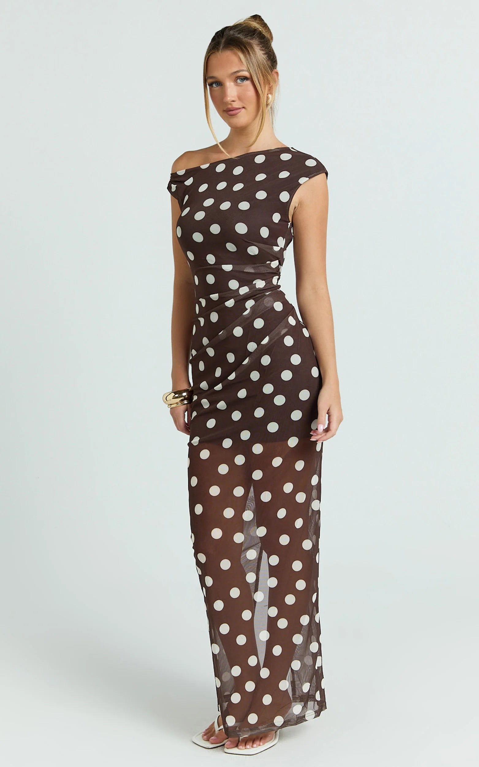 Lia Maxi Dress - Off Shoulder Slip Dress in Chocolate White Spot
