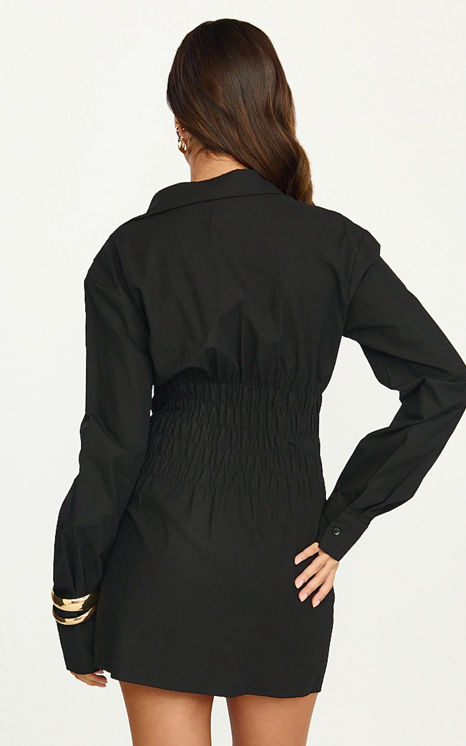 Eugenia Mini Dress - Long Sleeve Smocked Shirt Mini Dress in Black