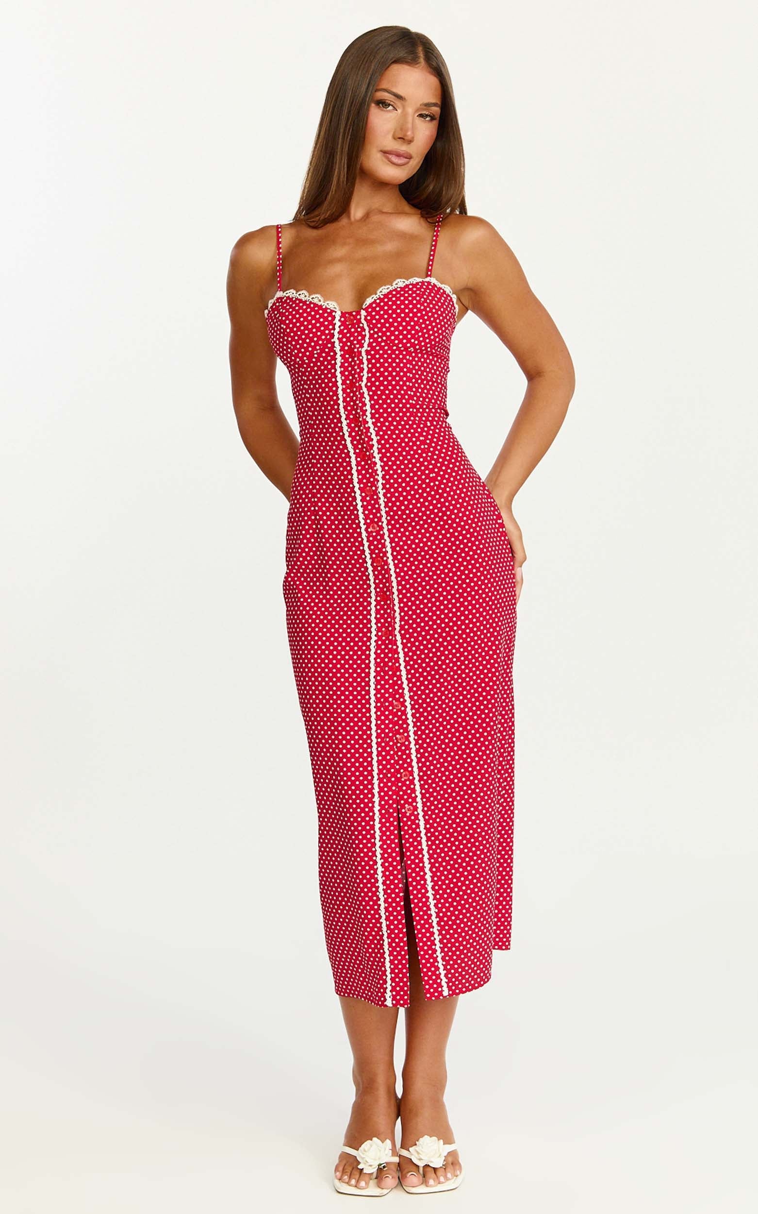 Camille Midi Dress - Button Front Bustier Lace Trim Fitted Dress in Red
