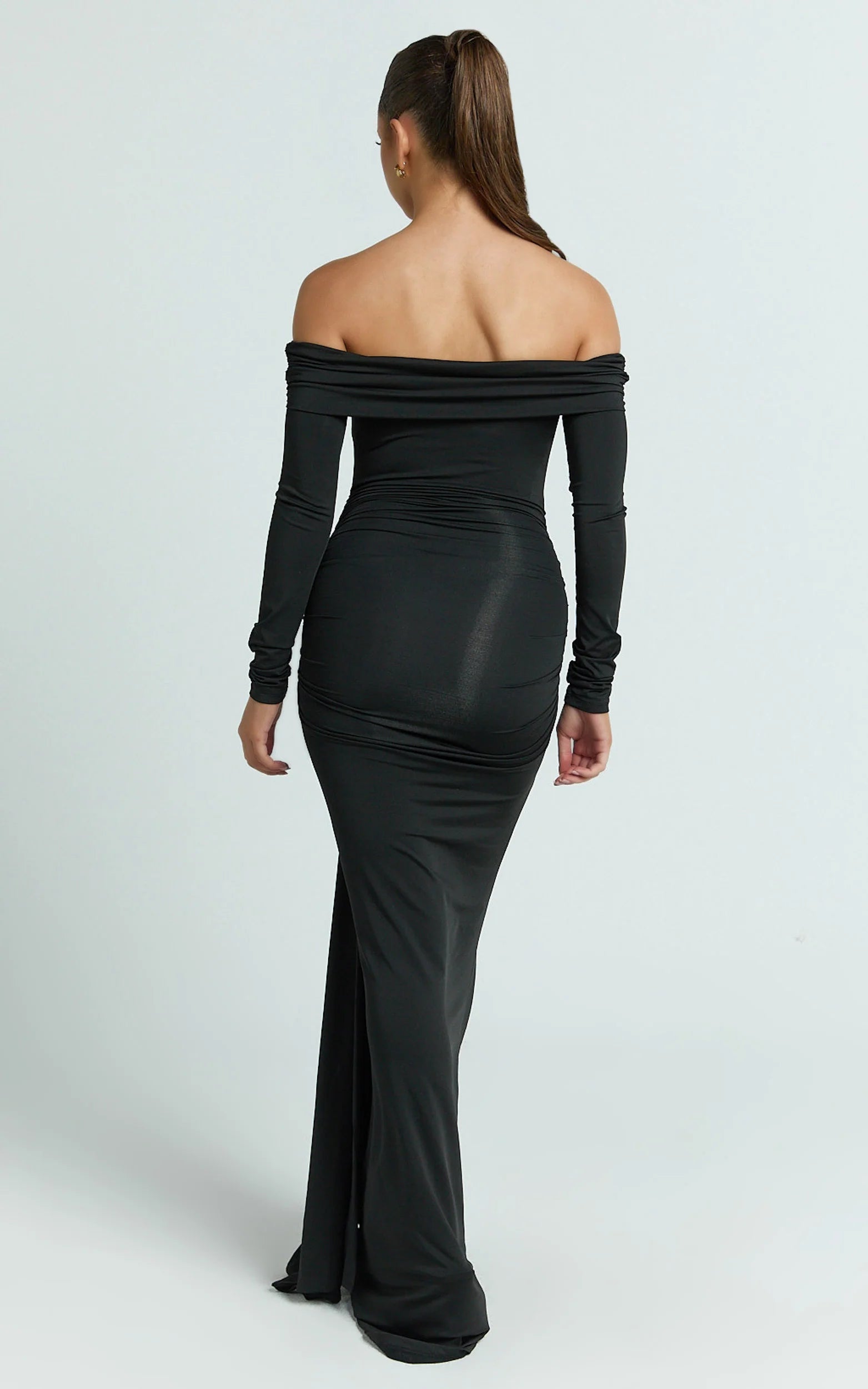 Trish Maxi Dress - Off Shoulder Hardware Trim Bodycon Dress in Black