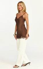 Ava Top - Lace Trim Longline Camisole Top in Chocolate