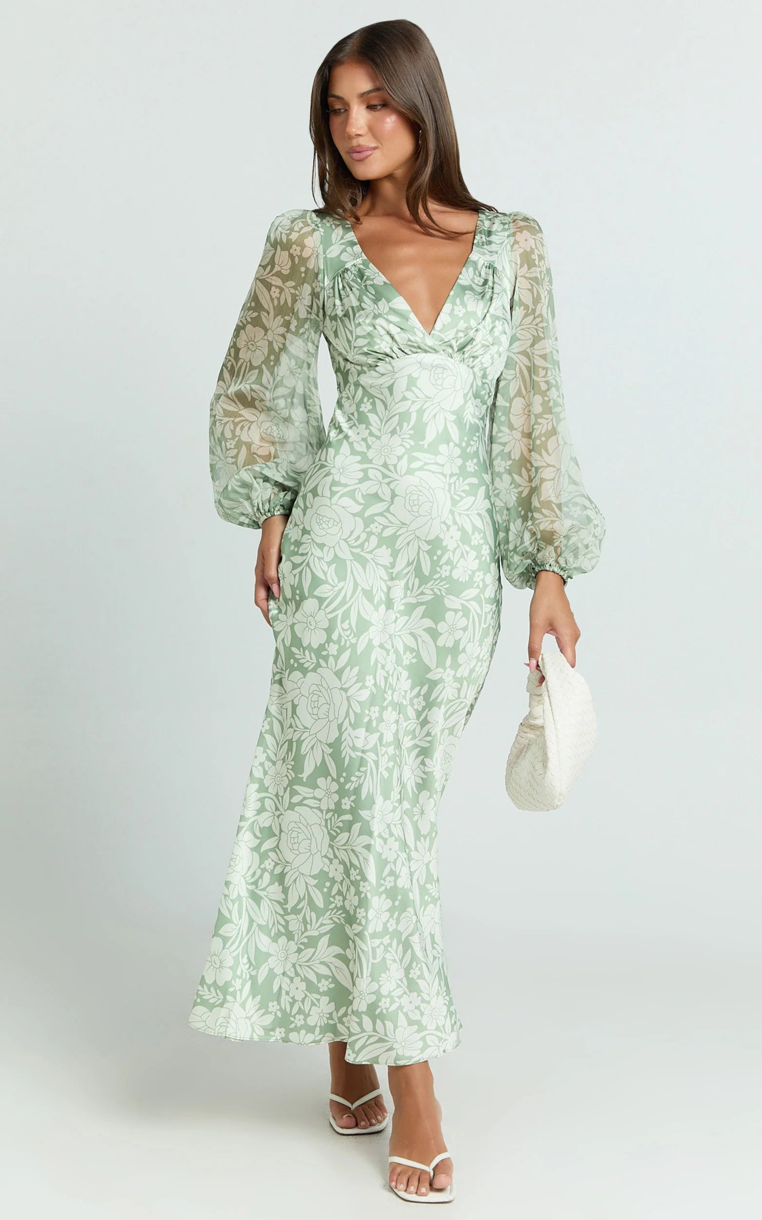 Freollyn Midi Dress - Deep V Neck Long Sleeve Dress in Sage