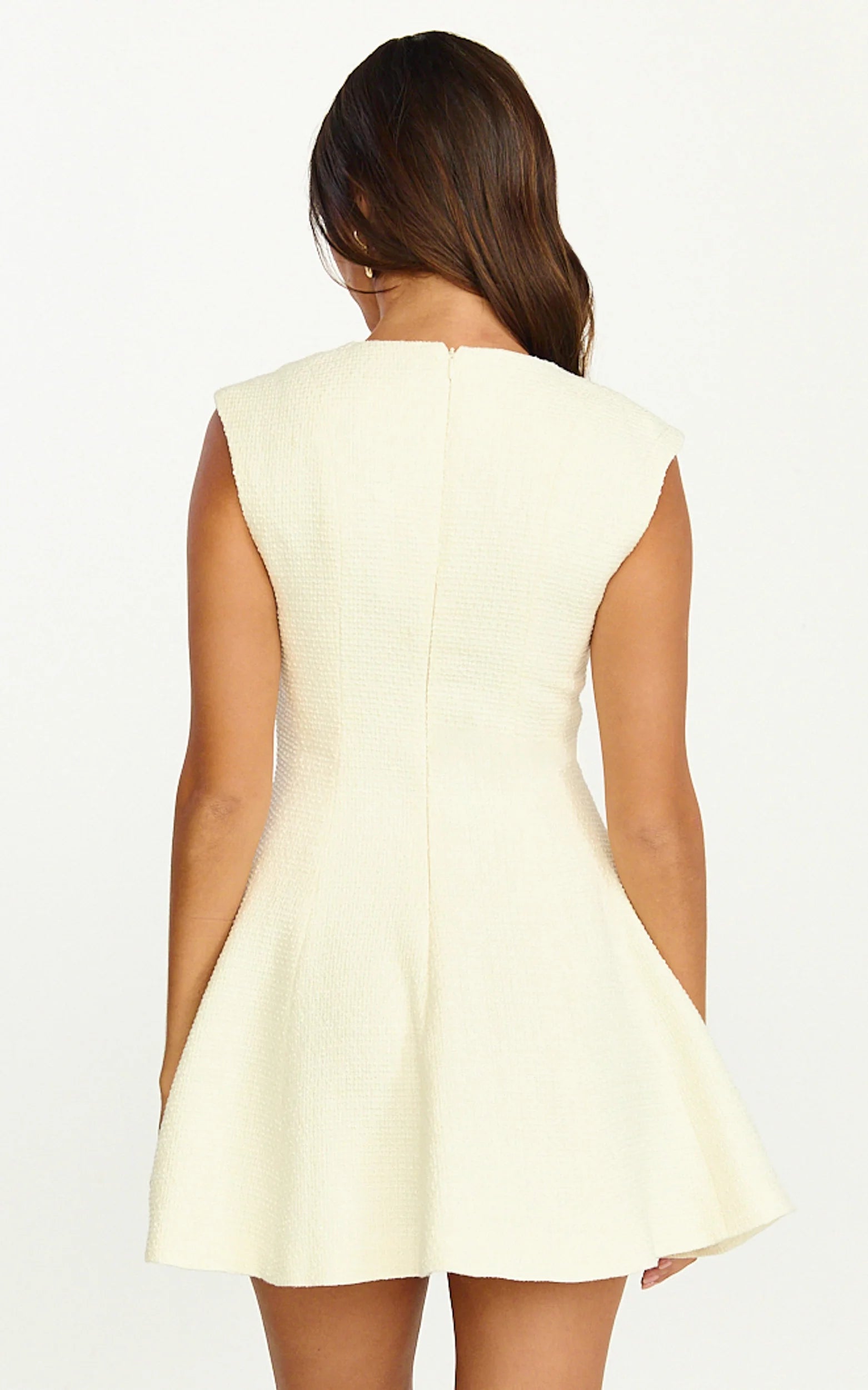 Nelson Mini Dress - Low Cut Boucle Fit & Flare Mini Dress in Cream